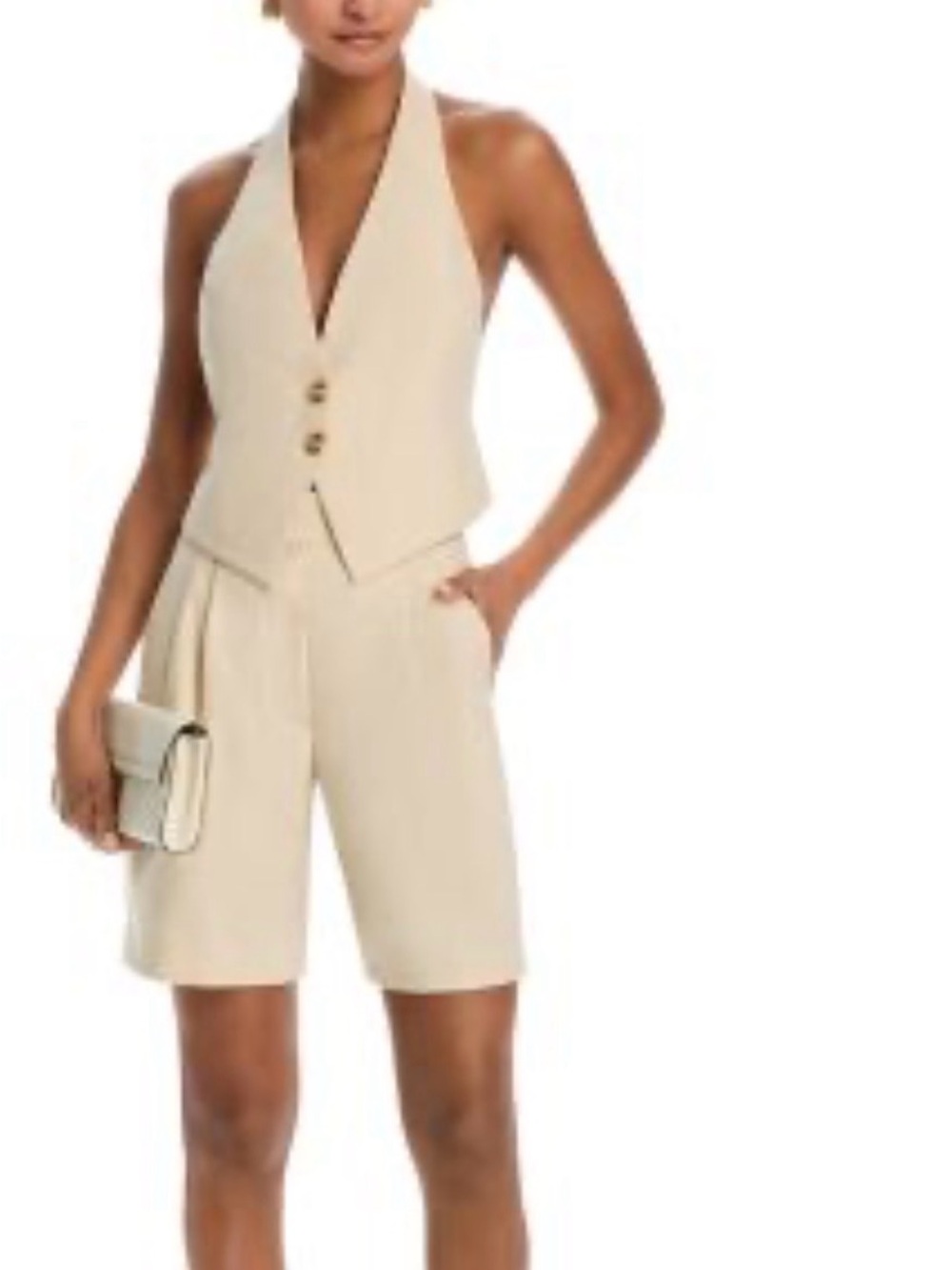 Ronny Kobo Collection Beige Two-Piece Vest & Pleated Shorts Set
